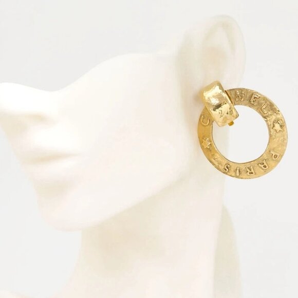 CHANEL PARIS 2 way Round Hoop Earrings Gold Tone 28 Auth w/Box - Picture 1 of 16